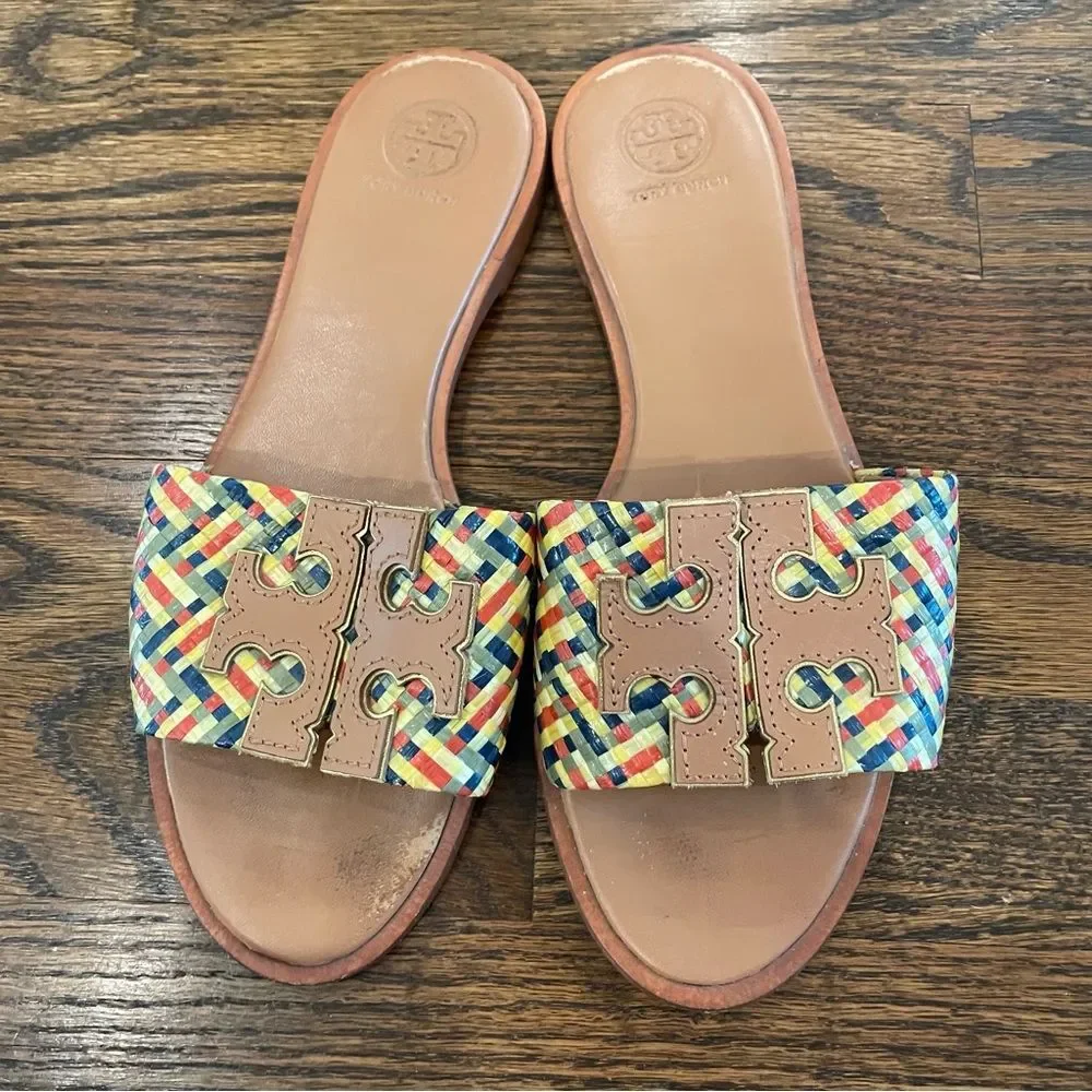 TORY BURCH Ines Woven Raffia Straw & Leather Logo Slip On Sandals